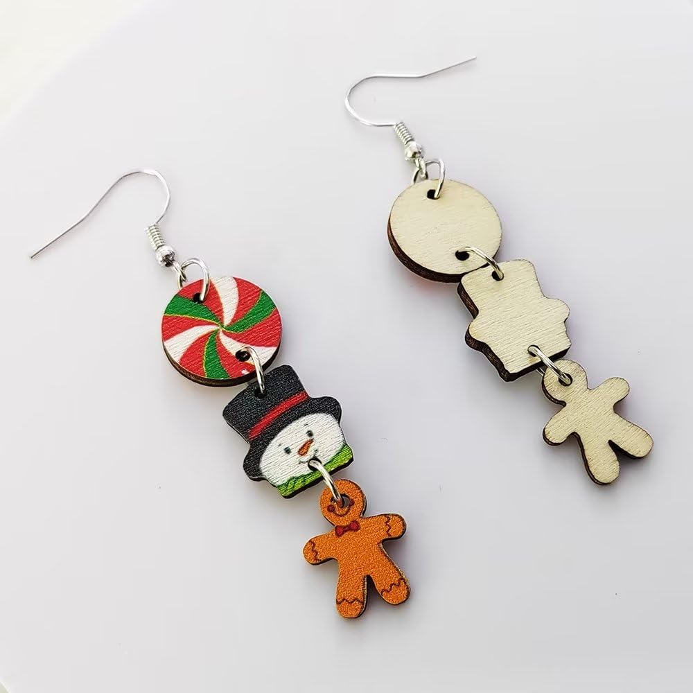 Zhang shine Christmas Theme Wooden Earrings for Women Snowman Santa Gingerbread Man Candy Gift Dangle Earrings for Christmas Holiday Party Decorations