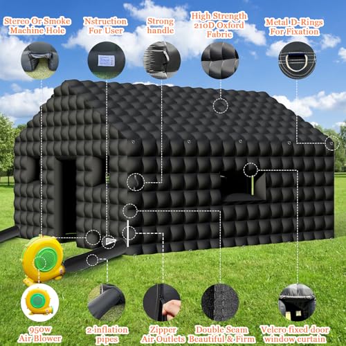 WUHUWOO Inflatable Nightclub 13x10x9 Ft, Black Inflatable Club Tent with 2 Doors and Logo Area, Inflatable Party Tent for Children Adults Birthday Backyard Wedding Rental (Black, 13x10x9 Ft) WUHUWOO