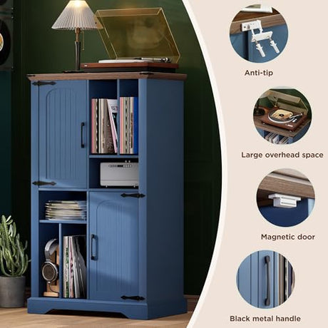 Maupvit Large Record Player Stand, 47" Farmhouse Navy Blue Vinyl Record Storage Cabinet with Barn Doors, Mid-Century Freestanding Rustic Wood Turntable Stand Maupvit