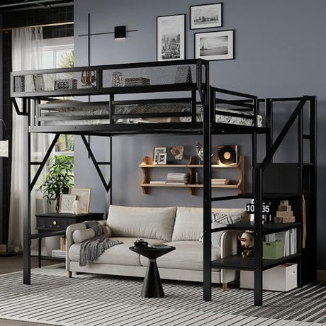 Mirightone Twin XL Size Loft Bed with Stairs and Storage, Metal Loft Bed Frame with A Shelf and Large Under-Bed Space, Heavy-Duty Loft Beds for Kids Boys Girls Teens, Black Mirightone