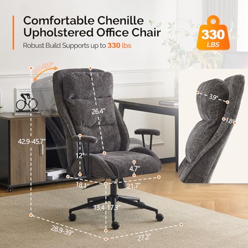 VINGLI Chenille Executive Ergonomic Fabric Office Chair with 100-130° Recline, High-Back Desk Chair with Adjustable Base & Padded Back & Wheels, Comfy Chair for Gaming, Computer, Home Office,Dark Gray VINGLI