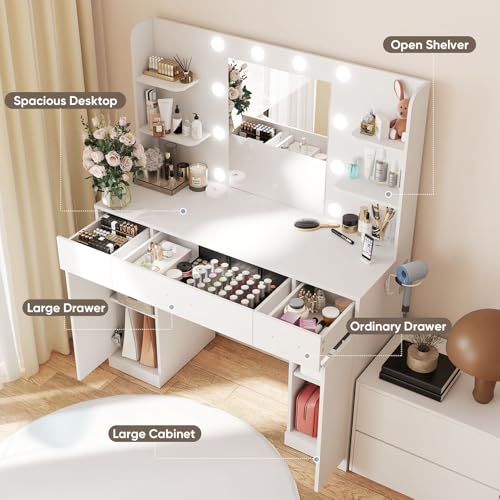 DUMOS Vanity Desk Makeup with Mirror LED Lights, White Table with Power Outlet 3 Drawer, 4 Storage Shelves & 2 Cabinets, 3 Lighting Modes & Adjustable Brightness, Dressing Tables for Bedroom DUMOS