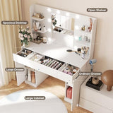 DUMOS Vanity Desk Makeup with Mirror LED Lights, White Table with Power Outlet 3 Drawer, 4 Storage Shelves & 2 Cabinets, 3 Lighting Modes & Adjustable Brightness, Dressing Tables for Bedroom DUMOS