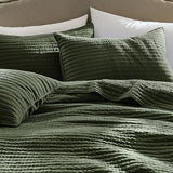 WDCOZY 100% Cotton King Size Quilt Set - Olive Green Striped Pick Stitch Soft Lightweight Bedspread, Textured Like Linen, Farmhouse Country Rustic Coverlet, Shabby Chic Gauze Bedding, 3 Pieces WDCOZY