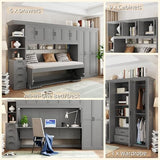 Merax Twin Size Murphy Bed with Desk, Multifunctional Wood Foldable Wall Bed with Wardrobe, Drawers and Cabinet, Space-Saving Hidden Bed for Guest Room Office, No Box Spring Needed, Grey Merax