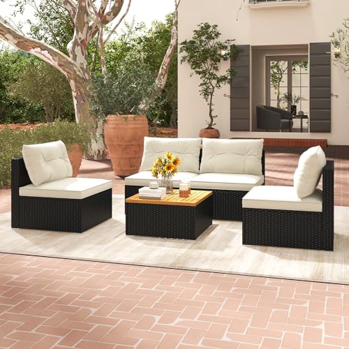 Tangkula 5 Piece Rattan Sofa Set, Patiojoy Outdoor Wicker Furniture Set with Seat & Back Cushions, Square Coffee Table, Patio Sectional Sofa Set for Backyard, Poolside, Garden - WoodArtSupply