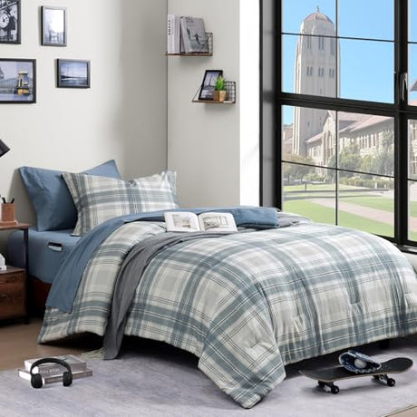 AMBERSPACE Twin XL Comforter Set, Blue Grey Plaid Bedding Set 5 Piece for Boys Girls Teen, Classic Homestead-Style Kids Comforter Set Bed in A Bag with Sheets, Pillowcase & Sham AMBERSPACE