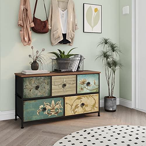Tohomeor Dresser with Drawers for Bedroom Chest of Drawers Fabric Dresser for Closet,Nursery Entryway Hall Tree TV Stand for Living Room Retro Floral Pattern Drawers Wooden Top (5 Drawers) Tohomeor