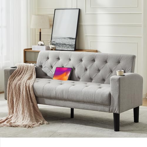 TYBOATLE 62" W Loveseat Sofa w/ 2 USB Charger Ports and 2 Cupholders, Mid-Century Modern Tufted Linen Fabric Small Love Seat Couches for Compact Living Room, Bedroom, Apartment, Dorm (Light Grey)