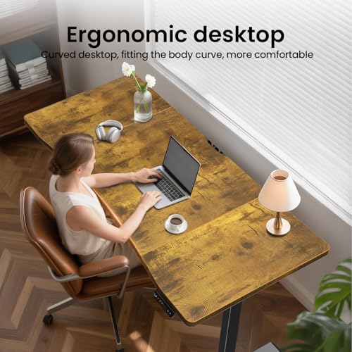Veken 63 x 28 Inch Electric Standing Desk, Sit to Stand Up, Work Home Office Computer Table for Study, Walking Pad, Writing, and Games, Wooden Desktop Desks, Brown Veken