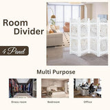 Lightnpro 4-Panel Wooden Room Divider 48 × 64 Inch Antique White Finish - Hand-Carved Oval Folding Privacy Screen, Pre-Assembled Decorative Partition for Living Room, Bedroom & Home Office Light & Pro
