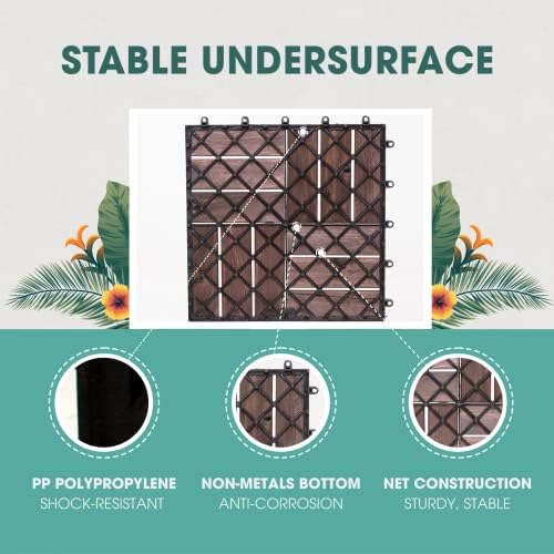 Idzo Interlocking Deck Tiles - 10PCS Waterproof Acacia Wood Patio Tiles, Floor Tiles for Balcony, Backyard, Indoor and Outdoor use - Decking Checker Pattern, 12 x 12 x 0.9 Inches, Dark Brown