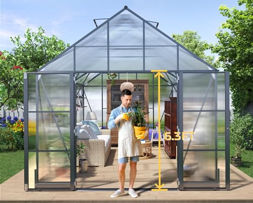 AMERLIFE 10x16x10 FT Polycarbonate Greenhouse Double Swing Doors 4 Vents 6.3FT Added Wall Height, Walk-in Large Aluminum Greenhouse Sunroom Winter Greenhouse for Outdoors, Black