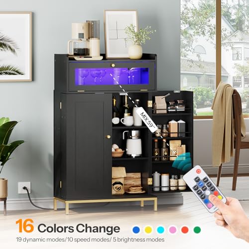 HOOBRO Pantry Cabinet with Charging Station, Kitchen Pantry Cabinet with LED Light and Storage Shelves, Kitchen Pantry with Acrylic Drawer Door for Kitchen, Dining Room, Black and Gold DB22UD - WoodArtSupply