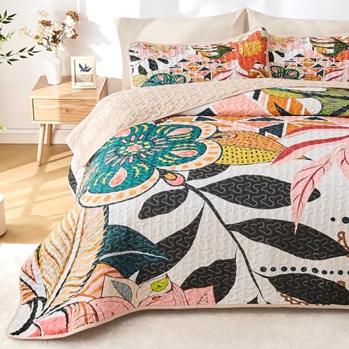 Pamnest Quilt Set Twin Size, Boho Floral 2 Pcs Soft Bed Cover Bedding Set, Mid Century Flowers Lightweight Bedspread Coverlet with Pillow Sham for All Season Pamnest