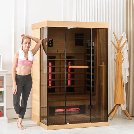 SWHSE 1-2 Person Infrared Sauna 15 Minutes Pre-Warm up Far Infrared Sauna for Home with 7 Colors Chromo Therapy Lighting and Full View Tempered Glass,2-in-1 Towel Holder SWHSE