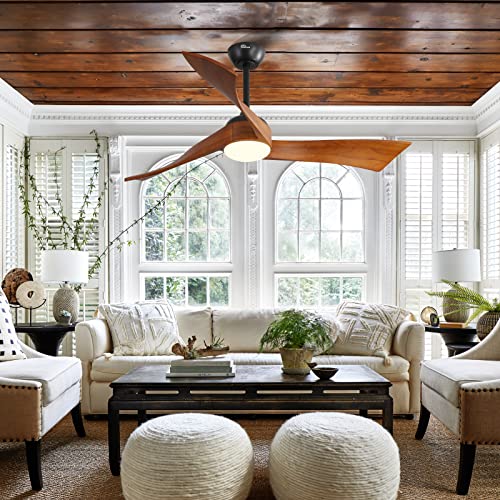 Sofucor 52 Inch Wood Remote Control Dimmable Light Reversible DC Motor Modern Ceiling Fan for Kitchen Bedroom Basement Dining Living Room Dark Wood Sofucor