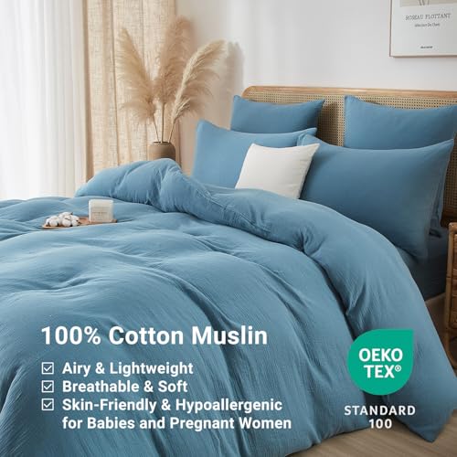 100% Cotton Muslin Duvet Cover Set Queen Size Turquoise Blue, Ultra Soft Breathable Absorbent Gauze Bedding Duvet Cover, Luxurious Minimalist Natural Wrinkle Linen Textured Comforter Cover 90" x 90" YASMENG