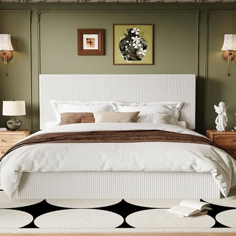 Allewie King Bed Frame, Upholstered Platform Bed, Adjustable Vertical Channel Tufted Headboard, Corduroy Fabric, Modern Low Profile, Wooden Slats, No Box Spring Needed, Easy Assembly, White Allewie
