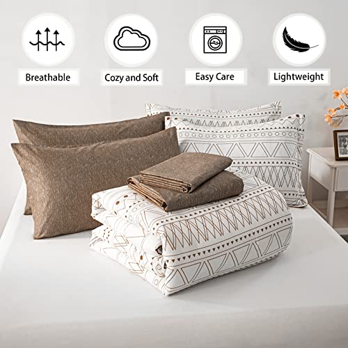 WONGS BEDDING 7 Pieces Brown Comforter Set King Size,Boho Bed in a Bag Geometric Stripe Comforter Reversible Soft Microfiber Bedding Set with Pillowcases & Shams,Flat Sheet,Fitted Sheet WONGS BEDDING