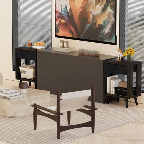 GYIIYUO Nightstands Set of 2 with Fabric Storage Drawer and Open Wood Shelf, Side Table with Storage for Bedroom, Night Stand with Drawer for Bedroom, Bedside Tables - Black 24" H GYIIYUO