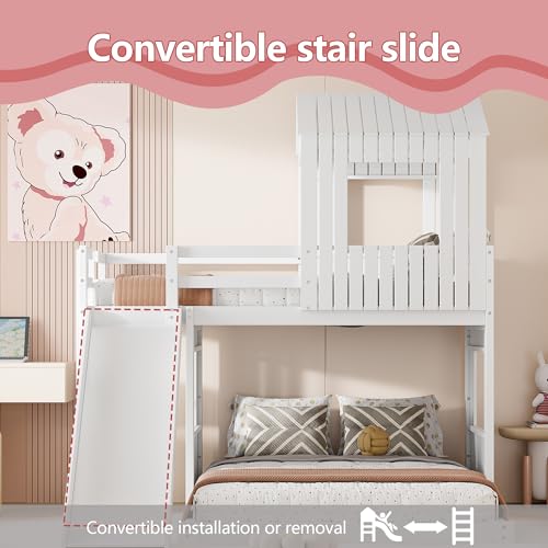 Harper & Bright Designs House Floor Bunk Beds with Slide, Wooden Twin Over Full Bunk Beds with Slide, Roof and Guard Rail for Kids, Teens, No Box Spring Needed (White, Twin Over Full Size) Harper & Bright Designs