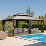 Domi Hardtop Gazebo 14x20FT, Outdoor Gazebo with Galvanized Steel Double Roof, Aluminum Frame, Built-in Gutter System, Curtain and Netting, Metal Gazebo Pavilion for Patio Deck Garden, Brown domi outdoor living