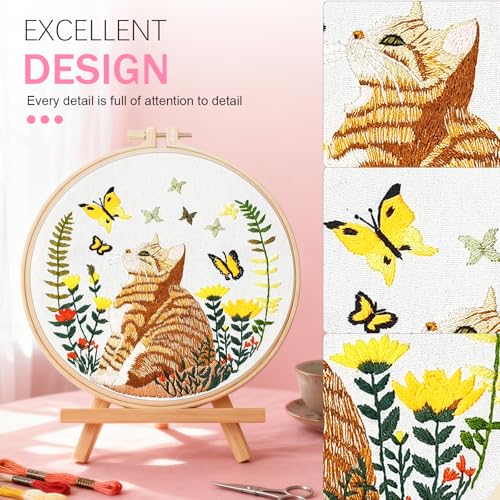 Huacan Embroidery Kit for Beginners Adults Includes Stamped Cat Pattern, Hoop, Color Threads,Tools,Easy to Follow Instruction