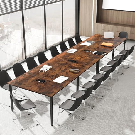 GOFLAME 8 FT Conference Room Table, Large Meeting Desk Seats up to 10 People, 2 Cable Grommets, Rectangle Seminar, Business Table, Training for Office, Boardroom, Rustic Brown + Black GOFLAME