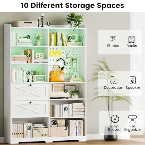 ANCTOR Book Shelf with Light and Drawers, 55" W x 79" H, 7-Tier Double Wide Bookshelf with Pegboard, Freestanding Deep Bookcase for Living Room, White ANCTOR