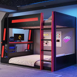 LUMISOL Full Loft Bed with Desk and LED Light, Gaming Bunk Bed with Storage Shelves and Charging Station, Space-Saving, Noise Free, Black+Red LUMISOL