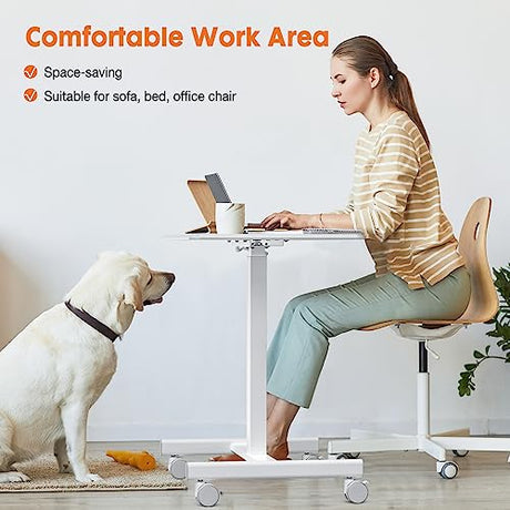 Sweetcrispy Small Mobile Standing Desk, Rolling Laptop Computer Carts, Portable Laptop Desk with Wheels, Adjustable Height Table for Home Office, White Sweetcrispy