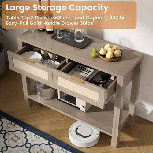 YUUIJOAA Boho Chic Console Table with 2 Rattan Drawers and Open Shelf Storage, Narrow Farmhouse Sofa Table for Small Space Entryway, Living Room,Hallway, Caramel Oak YUUIJOAA