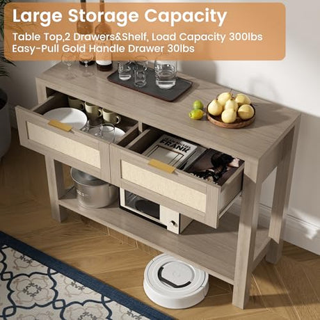 YUUIJOAA Boho Chic Console Table with 2 Rattan Drawers and Open Shelf Storage, Narrow Farmhouse Sofa Table for Small Space Entryway, Living Room,Hallway, Caramel Oak YUUIJOAA