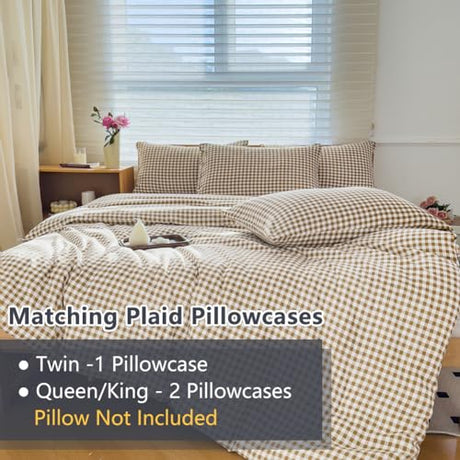 NSNLGSGC Twin Comforter Set, Tan Gingham Bedding Sets, Brown Grid Bed Comforter 2 Pieces (1 Comforter, 1 Pillowcase) NSNLGSGC