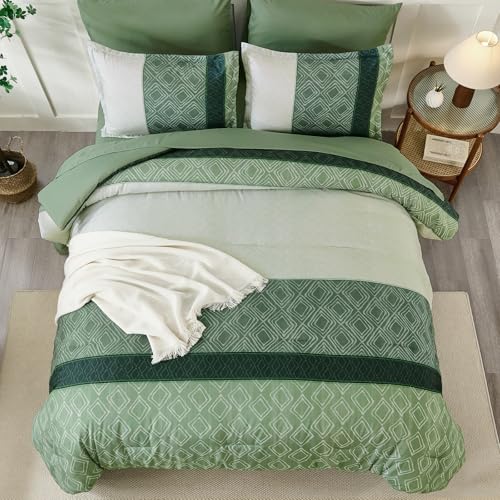 Dinjoy Green King Size Comforter Set,Striped Bed in a Bag King 7 Pieces Soft Microfiber Bedding Comforters Sets Boho Bed Complete Set for Summer All Season Dinjoy
