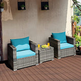COSTWAY 3 PC Patio Rattan Furniture Bistro Set Cushioned Sofa Chair Turquoise COSTWAY