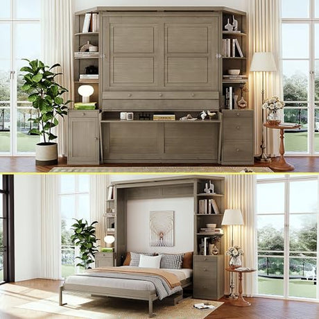 Merax Queen Size Murphy Bed with Desk and LED Light,Wall Bed Frame Folding into Cabinet Design w/Storage Shelf for Small Space,Bedroom,Guest Room,Rustic Brown Merax