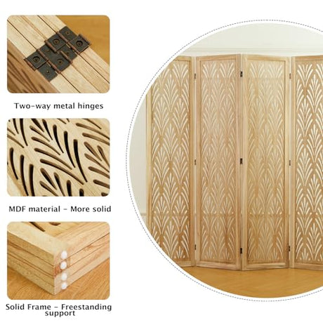 5.6Ft Room Divider Folding Wood Simple Carved Partition Screen for Home Office Garden - 4 Panels (Natural) Svimi