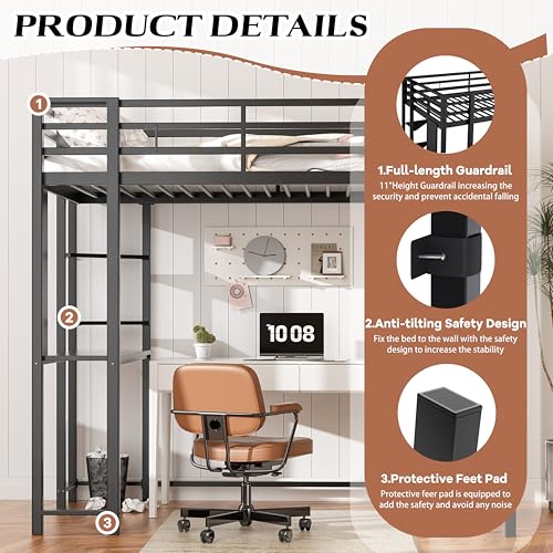 Shintenchi Loft Bed Twin Size with Desk and Storage Shelves, Frame with 2 Side Ladders for Kids, Teens Adults, Spcace-Saving Noise-Free and Anti-tilt Design, Black Shintenchi