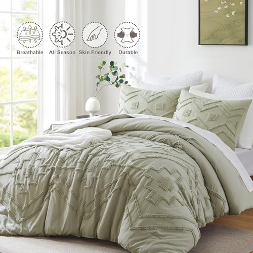 Oli Anderson Boho Tufted Comforter Set King Size, 3 Pcs Soft Jacquard Bedding Set for All Seasons, Shabby Chic Farmhouse Bedding Set with Comforters for All Seasons (Mist Sage, King) Oli Anderson