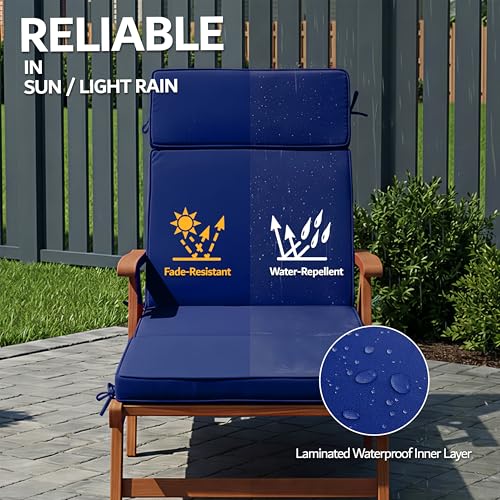 Honorbox 72 x 21 Inch Outdoor Chaise Lounge Cushions Set of 2 - Removable Cover, 4-Section Design, Water-Repellent & Fade-Resistant, 6 Tie Straps, Replacement for Patio & Pool Chairs - Navy