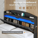 ADORNEVE Floating Bed Frame Queen with Hidden Storage Headboard, Floating LED Bed Frame with Charging Station, Upholstered Leather Platform Bed with Storage, No Box Spring Needed, Black ADORNEVE