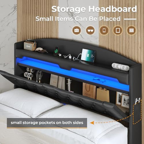 ADORNEVE Floating Bed Frame Queen with Hidden Storage Headboard, Floating LED Bed Frame with Charging Station, Upholstered Leather Platform Bed with Storage, No Box Spring Needed, Black ADORNEVE