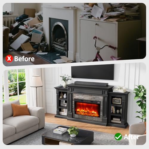 Naice 80" Electric Fireplace with Mantel, Fireplace TV Stand for TVs Up to 90", Modern Entertainment Center, Realistic Stacked Stone Surround 30" 3D Realistic Flame Heater Ideal for Living Room,Black Naice