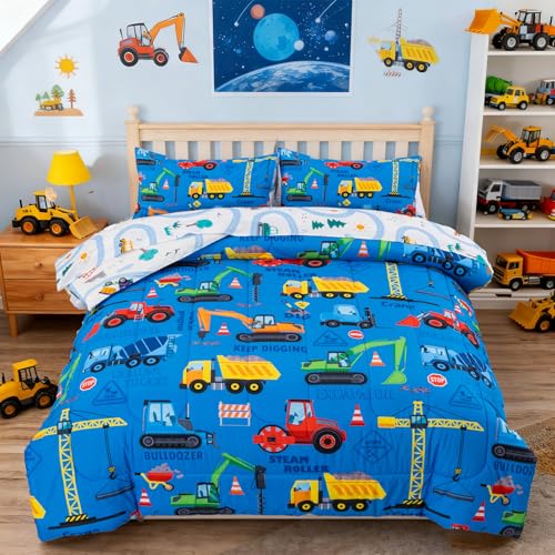 Holawakaka Trucks Excavator Cars Boy Bedding Comforter Set with Sheets, Twin Size Cartoon Construction Car Tractors Print Kids Bed in A Bag 5-Piece, Boys Reversible Dorm Bed Sets (Blue Twin) Holawakaka