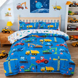 Holawakaka Trucks Excavator Cars Boy Bedding Comforter Set with Sheets, Twin Size Cartoon Construction Car Tractors Print Kids Bed in A Bag 5-Piece, Boys Reversible Dorm Bed Sets (Blue Twin) Holawakaka