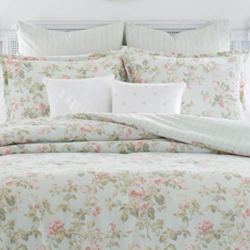 Laura Ashley Home - King Comforter Set, Reversible Cotton Bedding, Includes Matching Shams with Bonus Euro Shams & Throw Pillows (Madelynn Pastel Blue, King) Laura Ashley