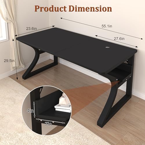 NovolyDJZ Computer Desk, 55'' Computer Desk Home Office Desks w/Storage Shelves & U Shaped Metal Frame, Study Writing Desk w/Cable Management, Deeper & Thicker Desktop Table for Home Office NovolyDJZ