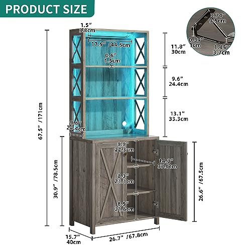 YITAHOME Bar Cabinets for Liquor, 67" Tall Wine Bar Cabinet with LED Lights, Glass Holder ＆ Adjustable Shelves, Rustic Kitchen Cabinet Coffee Bar for Kitchen, Dining Room, Rustic Grey Wash - WoodArtSupply